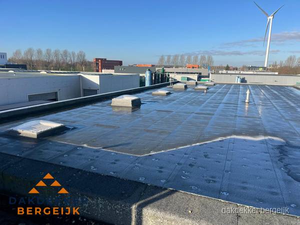 Plat dak bedrijfspand met bitumen dakbedekking en lichtkoepels in Bergeijk