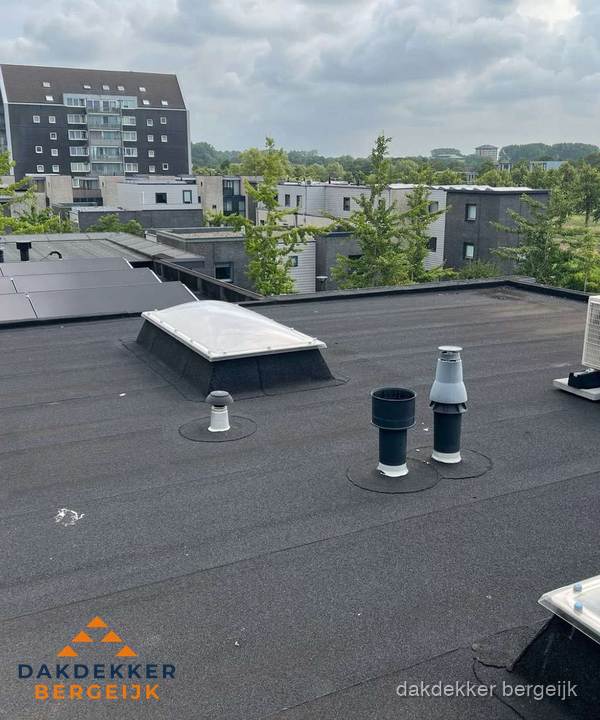 Groot plat dak met lichtkoepel en dakdoorvoeren in Bergeijk