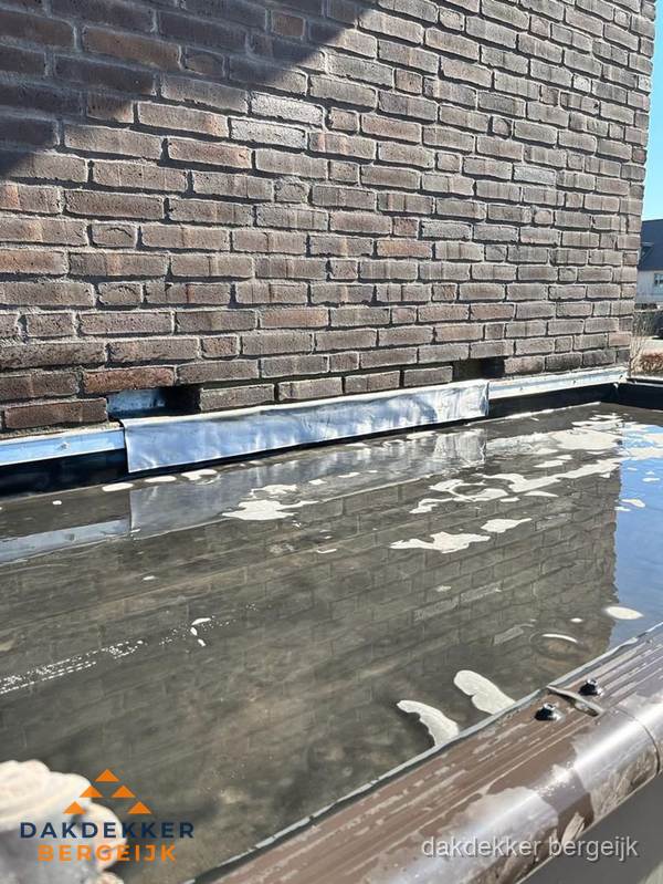 Stilstaand water op plat dak door slechte afwatering in Bergeijk