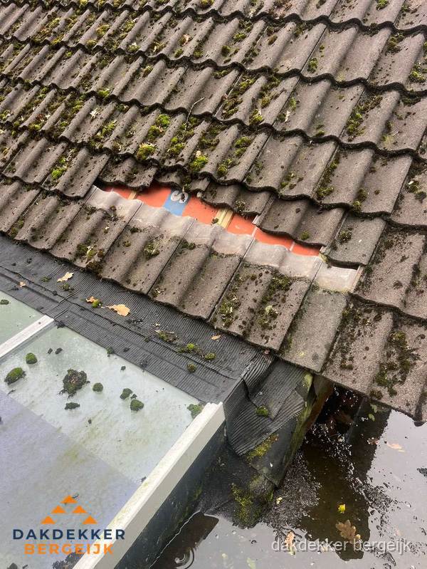Beschadigd pannendak met ontbrekende dakpannen voor reparatie in Bergeijk
